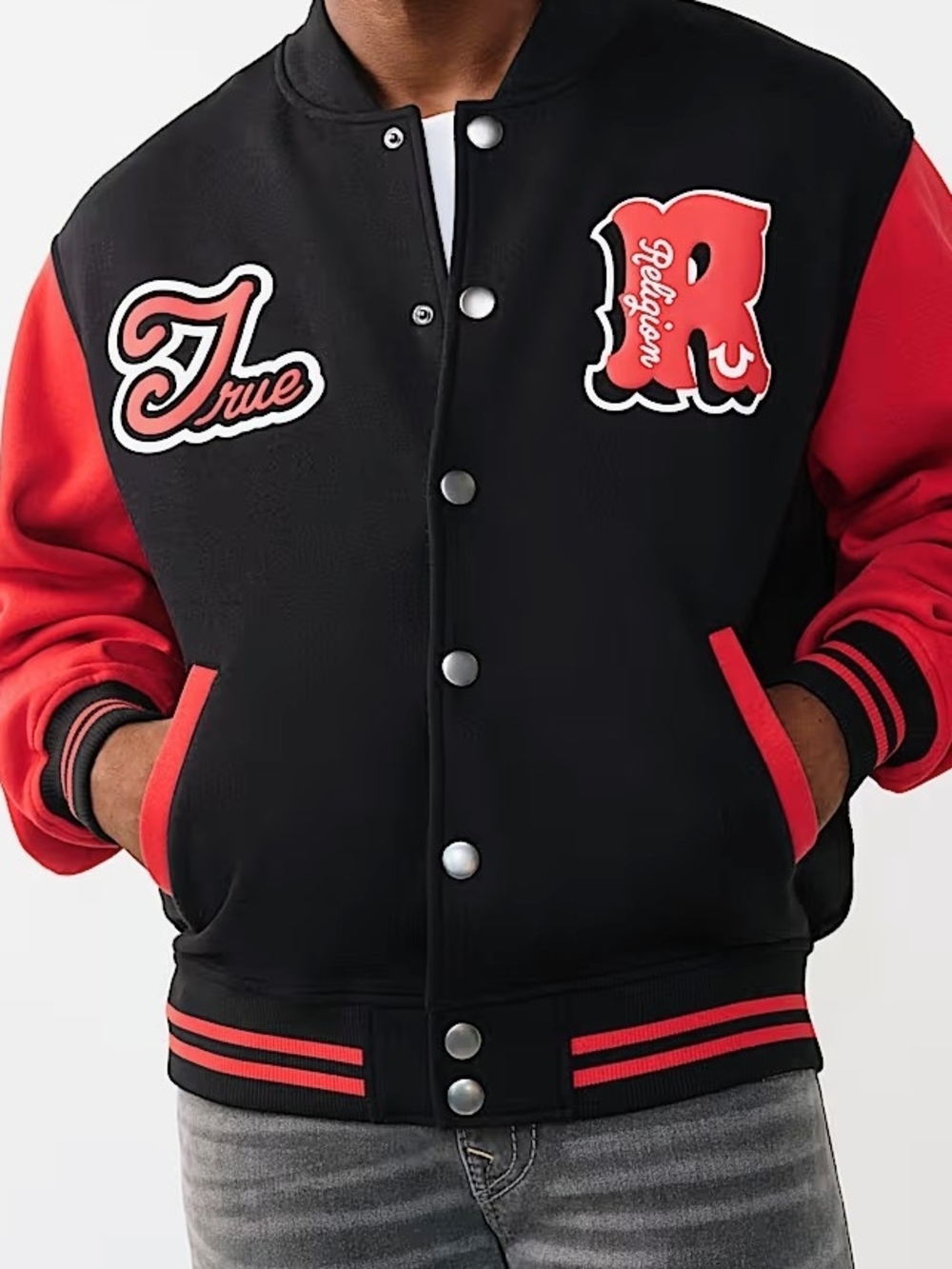 True Religion Black and Red Mens Letterman Jacket